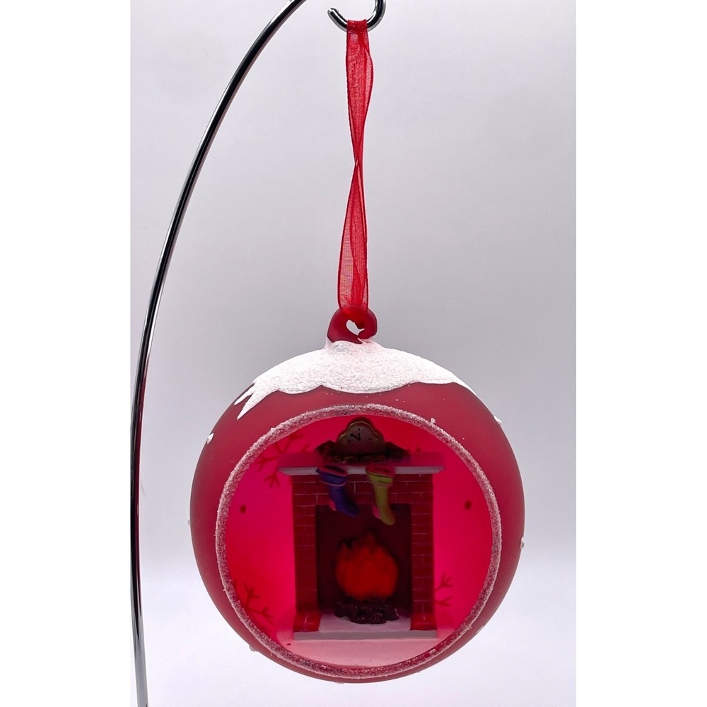 Hand Blown Open Scene Cut Glass Christmas Ornament Fireplace Diorama Red‎ Globe